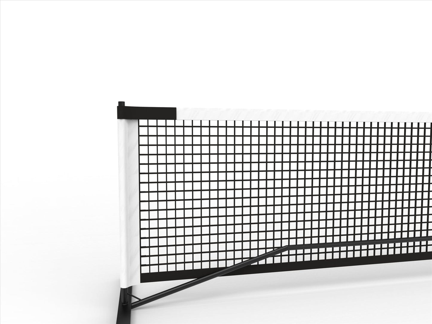 Close-up of the left side and frame of the Pickleball United Driveway 10 Junior Pickleball Net by Pickleball United, shown in black and white against a plain white background.