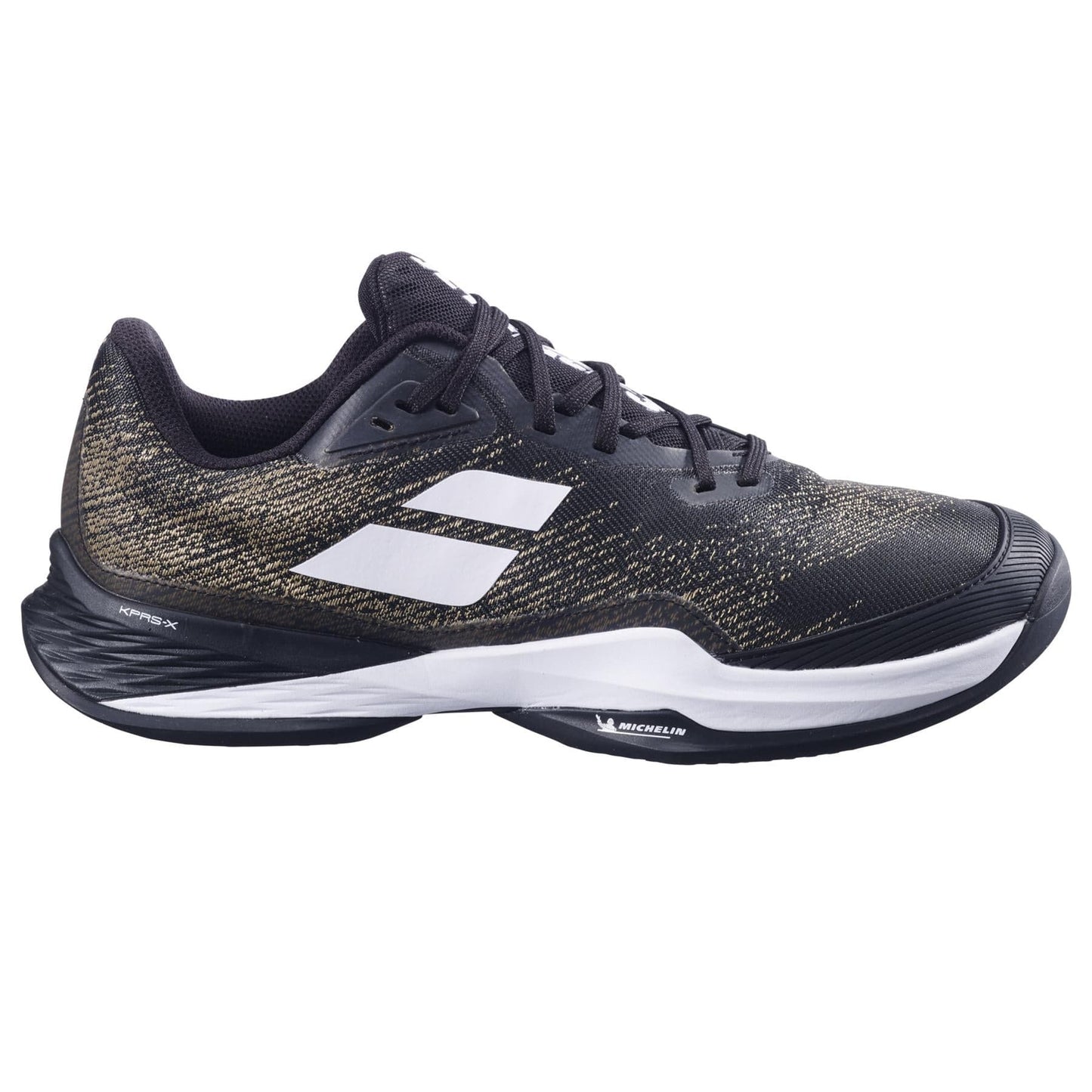 The Babolat Jet Mach 3 Sand Grass Men's Wide Tennis Shoes in black and white feature a textured upper with sleek design, Matryx technology, low profile, geometric side patterns, cushioned sole, and reinforced toe and heel for enhanced stability and support.