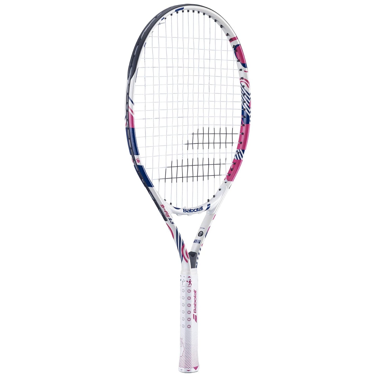 The Babolat B-Fly 23 Junior Tennis Racket showcases a white frame accented with pink, blue, and black. Ideal for beginner sports enthusiasts, it includes white strings and a grip-patterned handle. Distinctive Babolat branding is displayed on the head and handle.