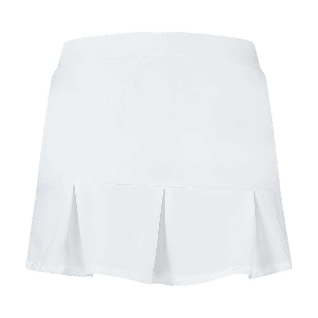 The K-Swiss Tac Hypercourt Pleated Tennis Skirt 3 in white offers a stylish design with integrated legging shorts. Featuring a smooth waistband and subtle pleats near the hem, this ultra-lightweight skirt provides a sleek and minimalist appearance. Captured on a plain white backdrop for an elegant presentation.
