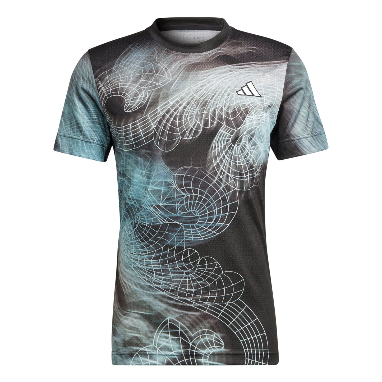 The adidas Men's Printed Aeroready Freelift Pro Tennis T-Shirt in Black is designed with recycled polyester and sports a geometric and abstract pattern in black, gray, and teal. It features swirling lines and grid shapes, incorporating HEAT.RDY technology for enhanced comfort. A subtle adidas logo adorns the upper left chest.