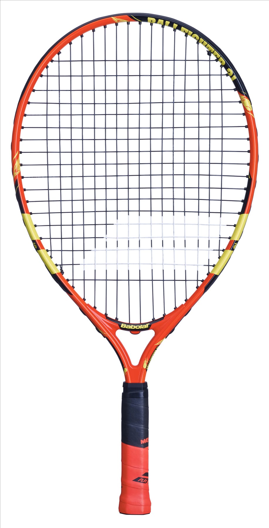 The Babolat Ballfighter 21 Tennis Racket, in a striking combination of orange, black, and yellow, is ideal for young tennis enthusiasts. It features contrasting black strings and a comfortable black grip, beautifully captured against a clean white backdrop.