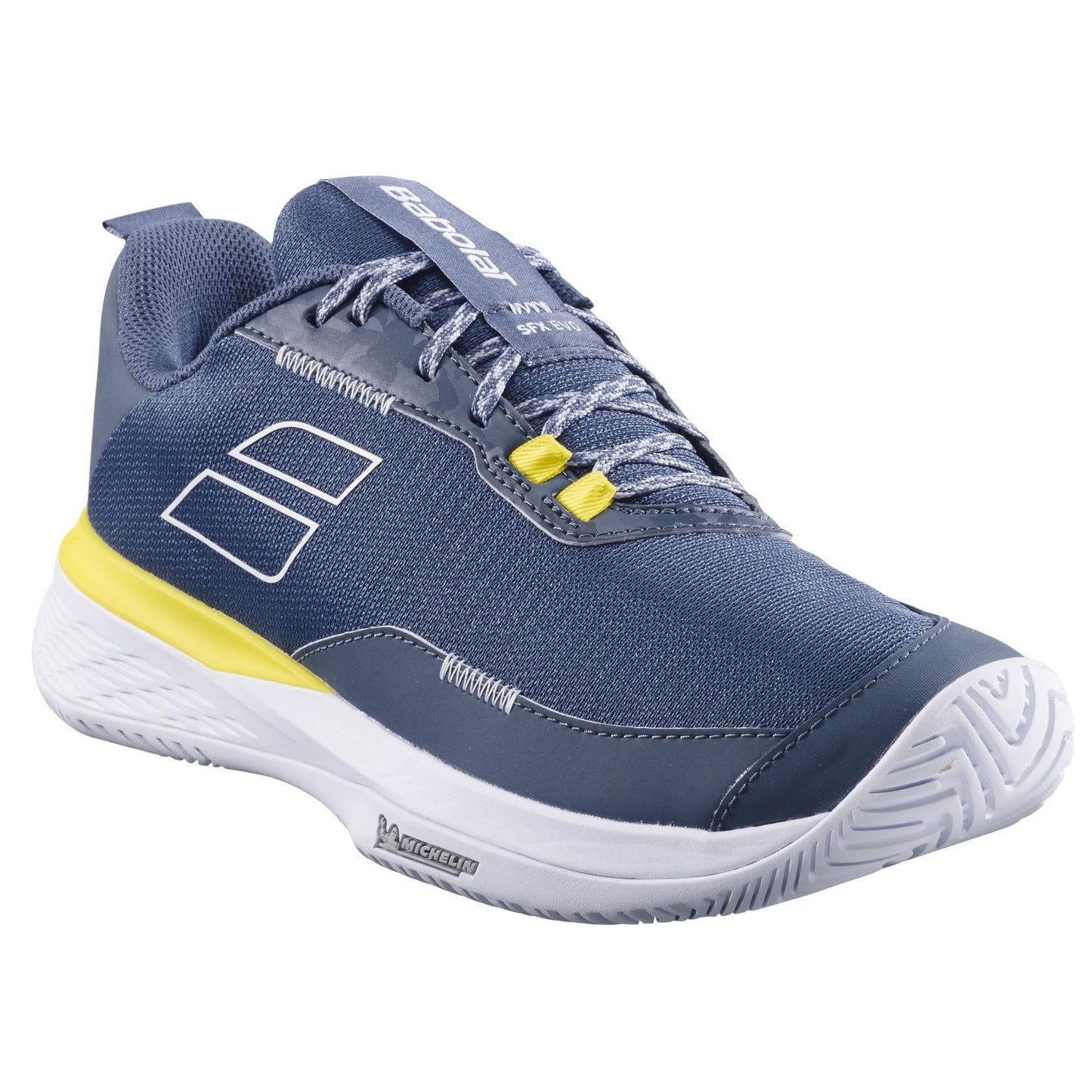 The Babolat SFX EVO All Court 2025 Men's Tennis Shoes, in dark grey and white, feature a lace-up design with detailed stitching and a side logo. Equipped with Michelin Original rubber for exceptional grip, they are perfect for all-court performance.