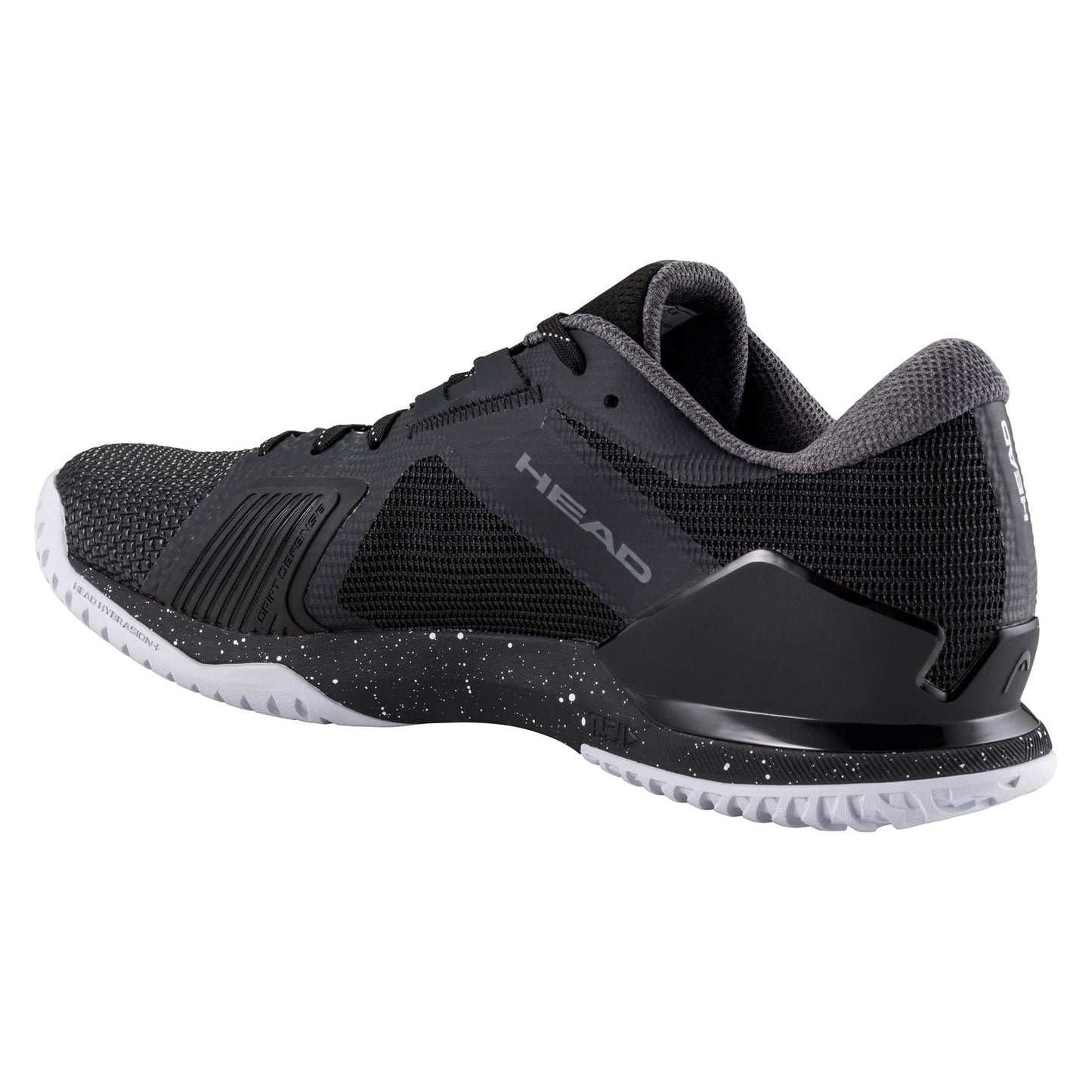 The HEAD Sprint Pro 4.0 SF Men's Tennis Shoes in black/white feature a mesh design, a speckled sole, and the brand name on the side. They're crafted with durable SuperFabric material and come with an OrthoLite insole and textured grip for excellent traction.