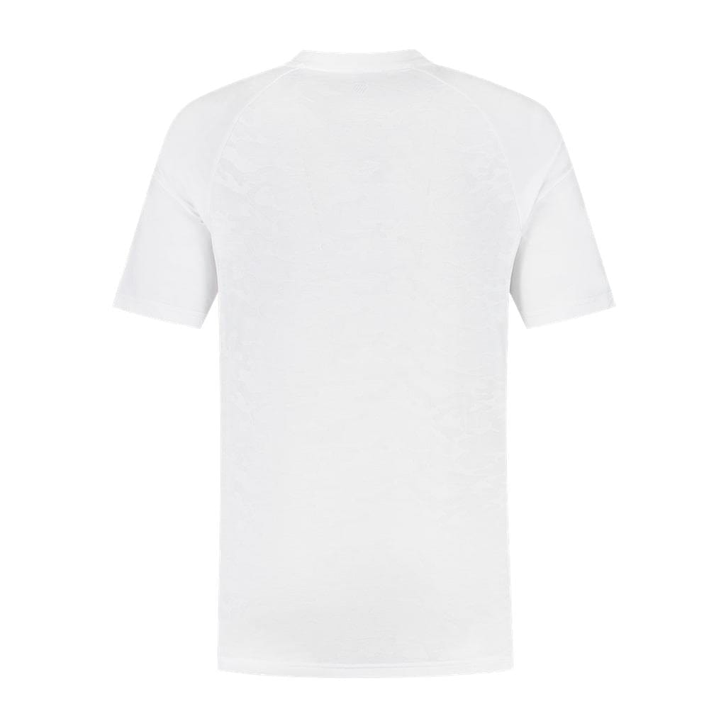 Back view of the K-Swiss Hypercourt Print Crew 4 Mens Tennis T-Shirt in white, displayed against a white background. This comfortable short-sleeve shirt is crafted from breathable polyester and features a simple round neckline with a classic fit, free from visible designs or logos.