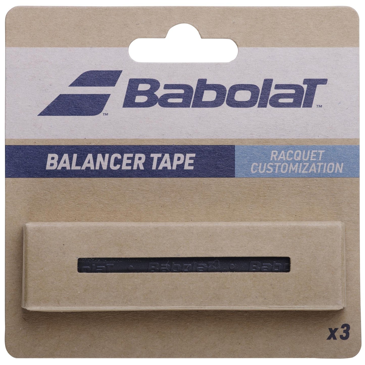 The Babolat Balancer Tape (3 Pack) - Black features three strips for racquet weight customization, displayed on branded brown and blue packaging with a visible black tape strip.