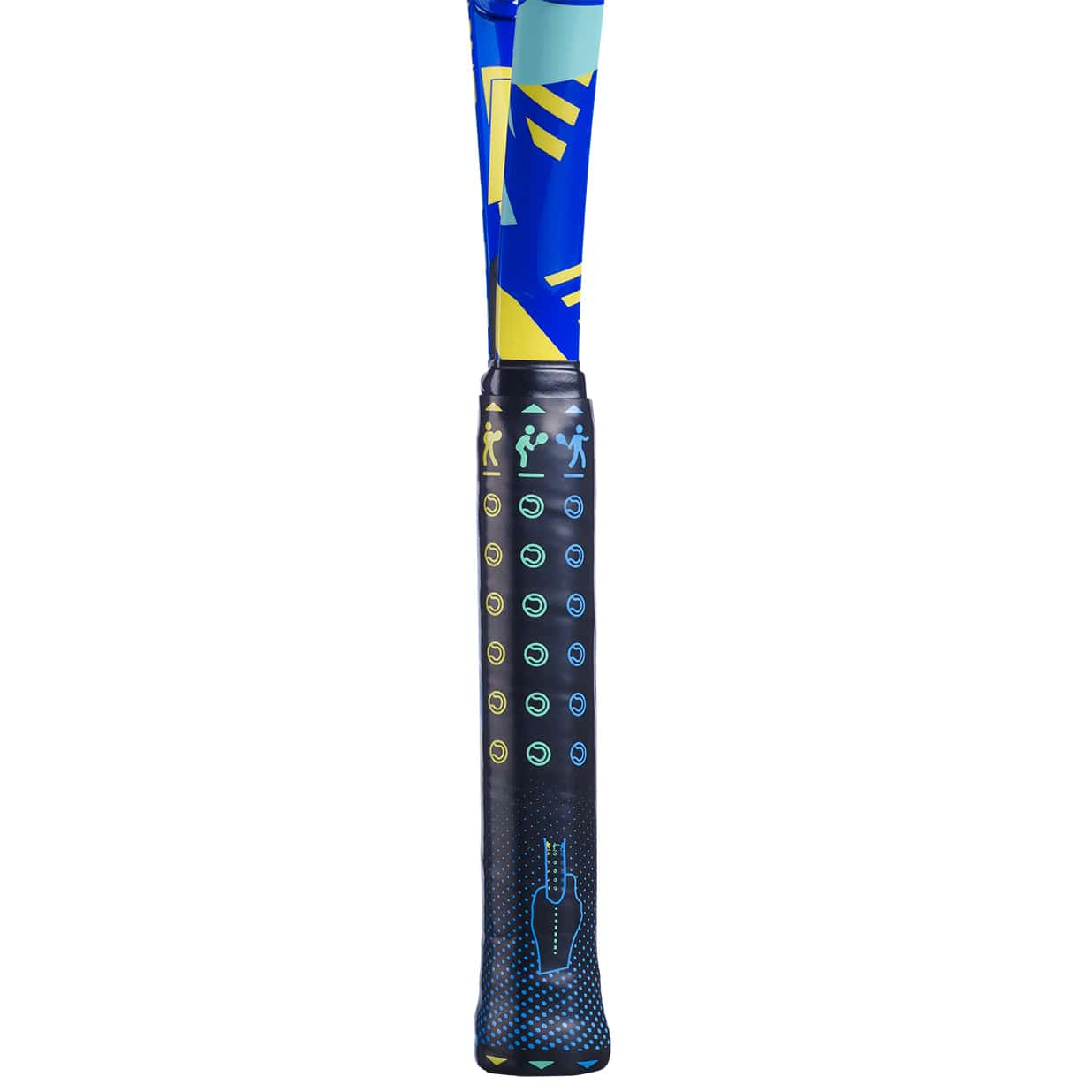 Close-up view of a vibrant Babolat BallFighter 25 Junior Tennis Racket handle, featuring abstract designs in blue and yellow. The grip showcases small tennis ball patterns and player icons to assist in teaching grip techniques.