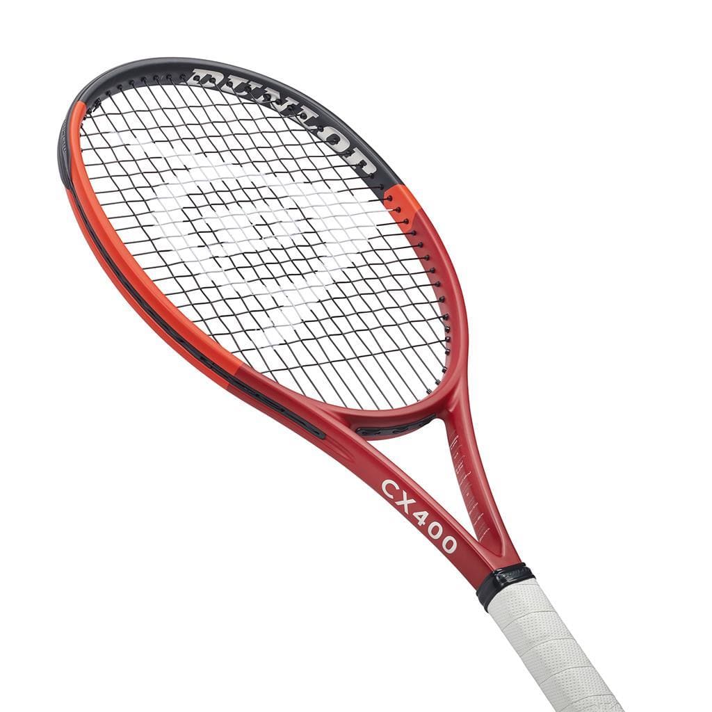 The Dunlop CX 400 2024 Tennis Racket - Red features a striking red and black design with a white grip. The frame proudly displays "CX 400," while Powergrid Stringtech offers tightly woven strings for optimal performance. The Dunlop logo is visible at the top, and Vibroshield technology reduces vibrations to enhance gameplay.