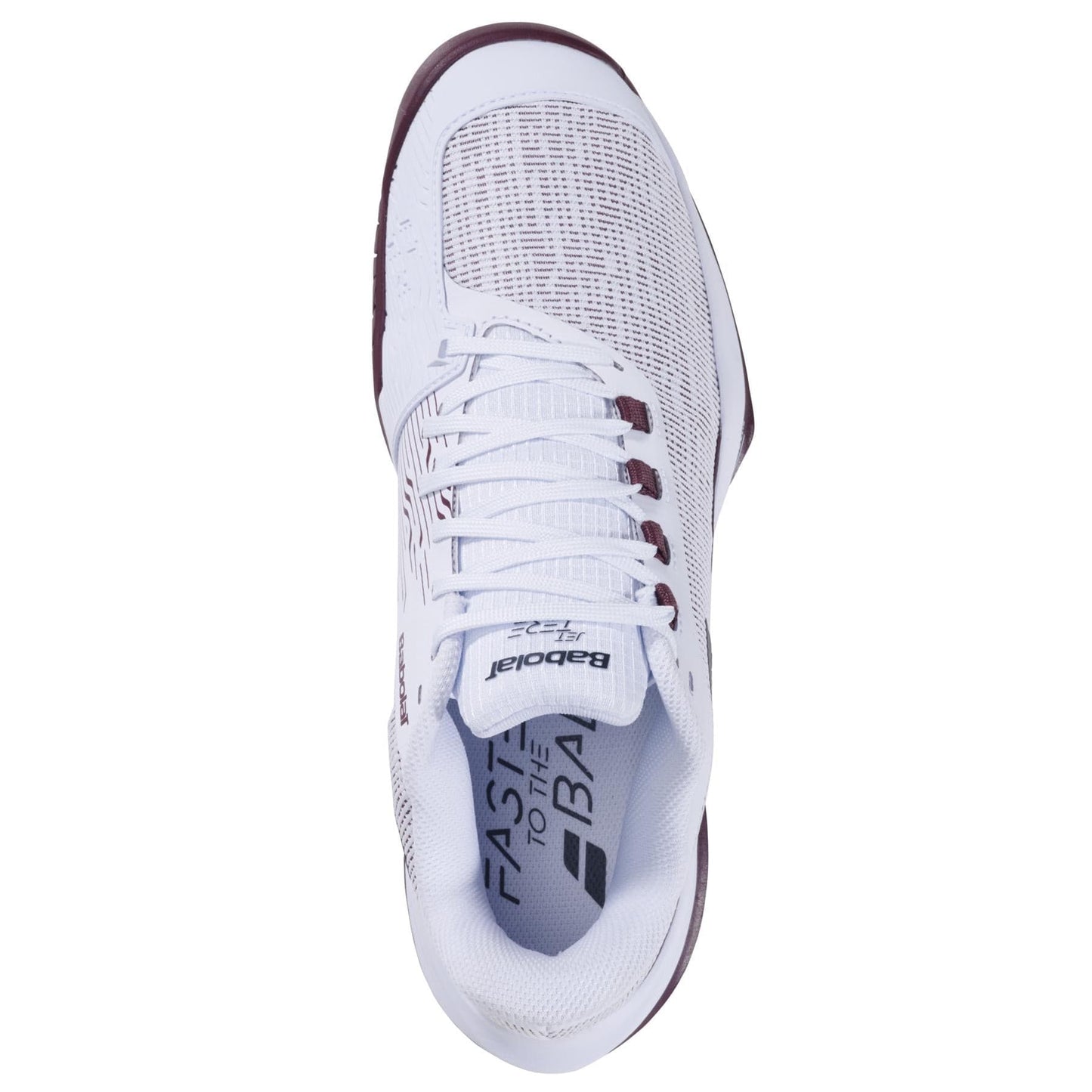 Top view of the Babolat Jet Tere 2 Men's Tennis Shoes in white and burgundy, with breathable mesh, white laces, and "Babolat" printed on the tongue.