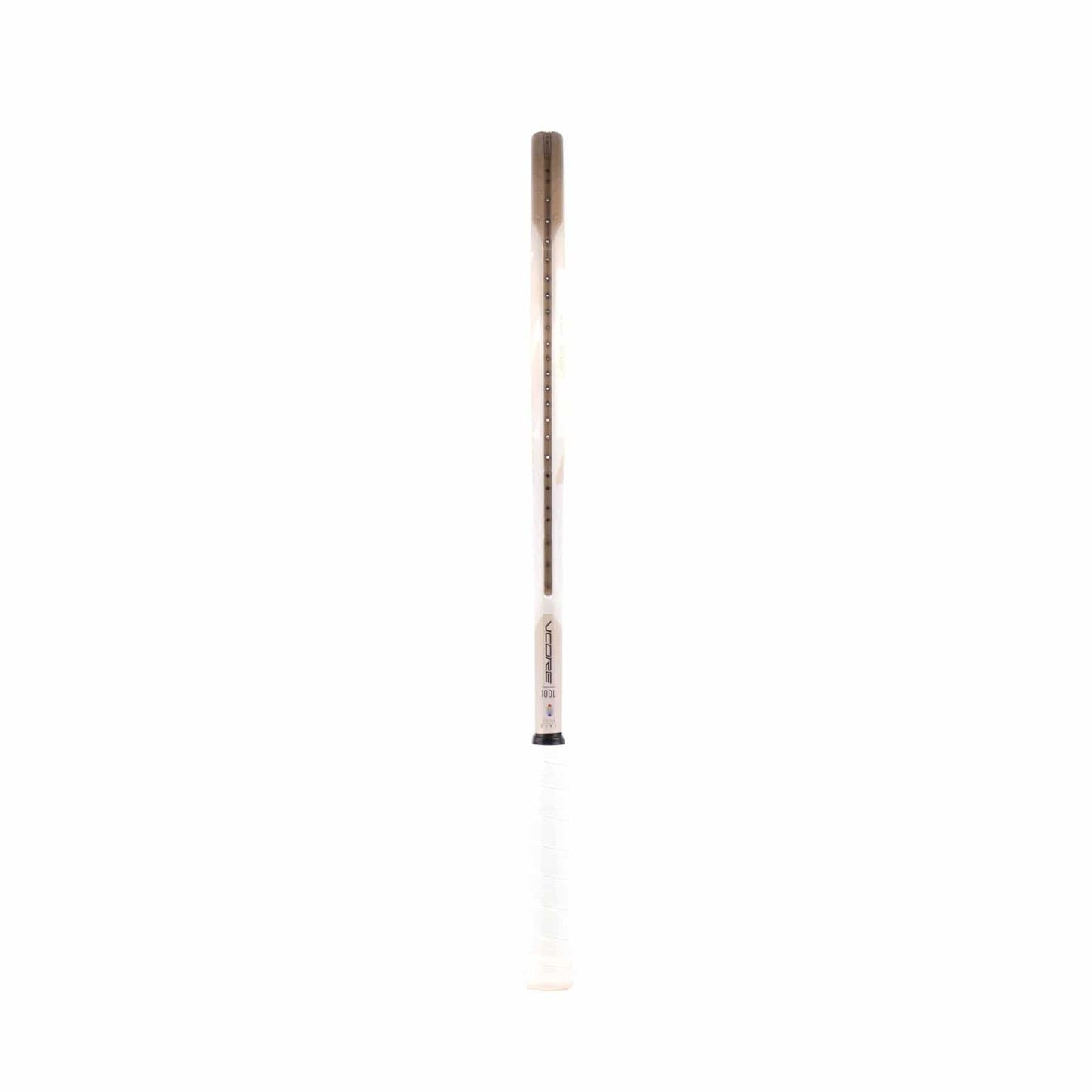 A Yonex VCORE 100L Tennis Racket in sand beige with a white grip and metallic head is set against a plain white background. Its shaft, featuring ISOMETRIC technology, delivers a sleek design and subtle branding, creating a lightweight racket ideal for precision play.