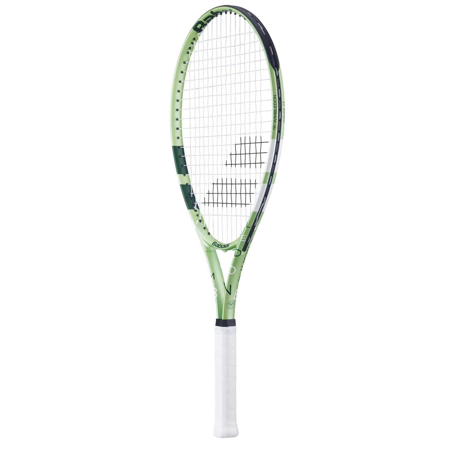 The Babolat Junior 25 Wimbledon 2025 Tennis Racket in Champagne Green features a white grip and black logo on the strings, shown on a plain white background—ideal for aspiring junior players chasing their Wimbledon dreams.