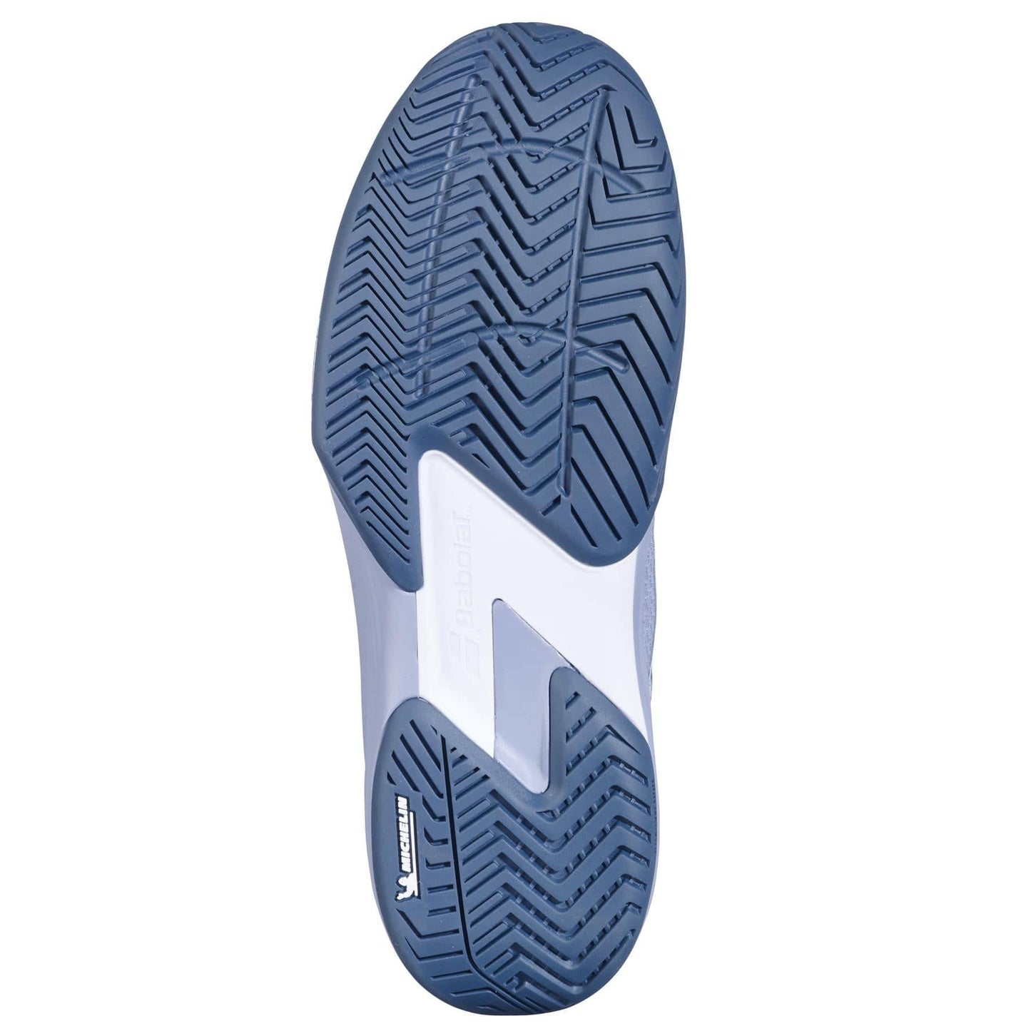 The image displays the sole of the Babolat SFX 4 All Court 2025 Men's Tennis Shoes in grey and white, featuring a blue herringbone tread with white accents. "Babolat" and "Michelin" logos highlight their collaboration for improved traction and durability.