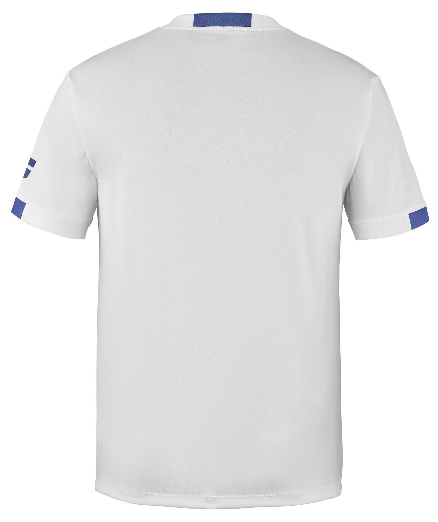 Introducing the Babolat Play Men's Crew Neck Tennis T-Shirt in white, showcasing a classic cut with distinctive blue accents on the sleeve cuffs and a subtle blue stripe at the neckline. Expertly crafted from recycled polyester fabric, it offers both style and sustainability.