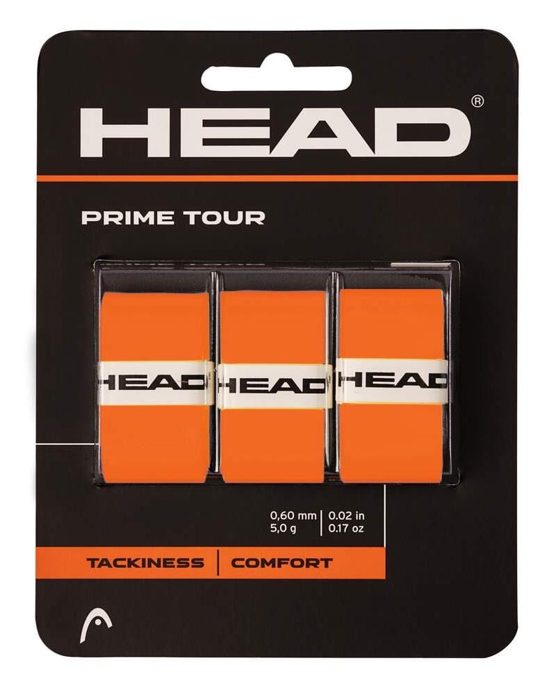 The HEAD Prime Tour Tennis Overgrip pack offers three orange grips with the HEAD logo, delivering excellent tackiness and comfort. They feature a 0.60 mm thickness and weigh 5 g each, making them ideal for enhancing your court performance.