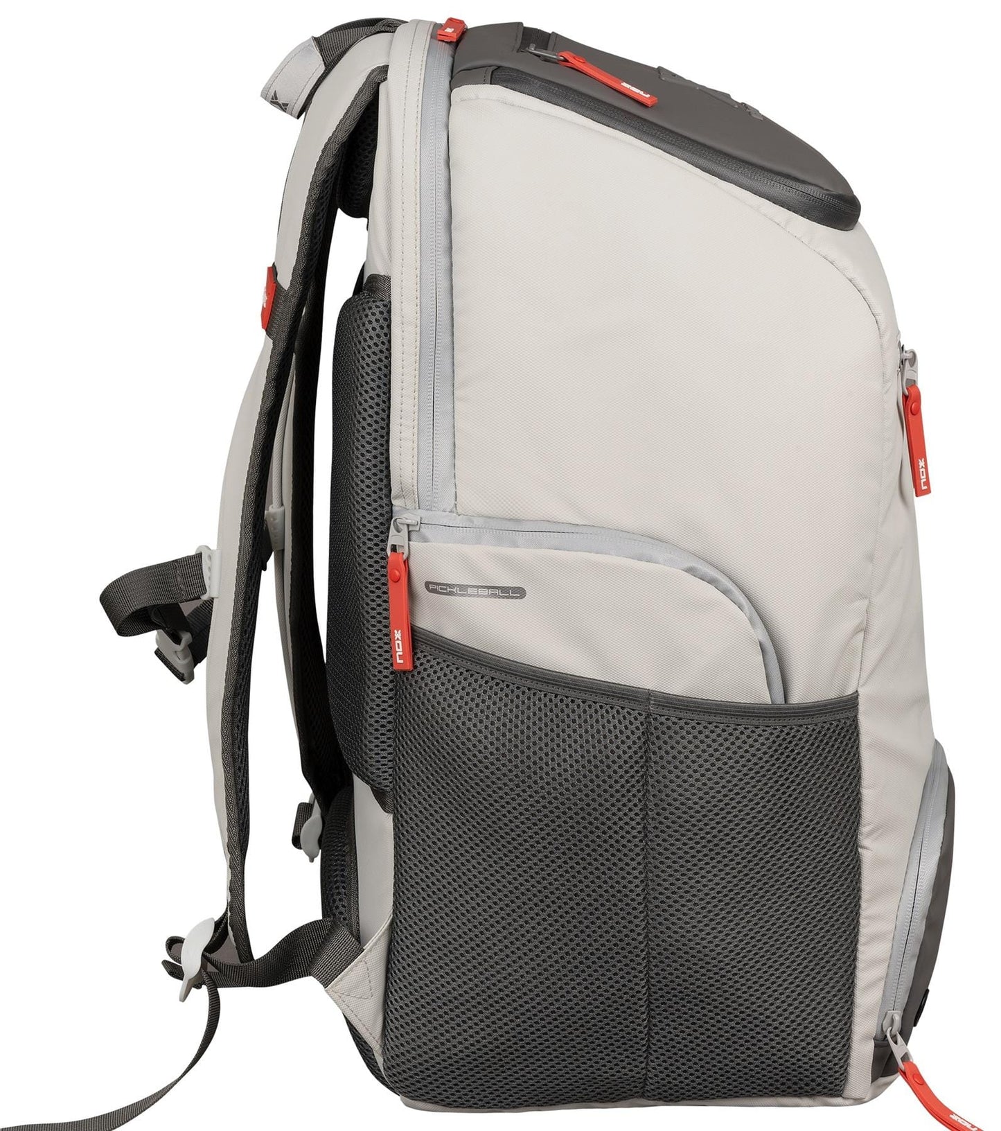 The NOX Supra Pickleball Backpack in cream by NOX is shown from the side, featuring multiple zippered compartments with red pulls, ergonomic padded straps, and a mesh side pocket.