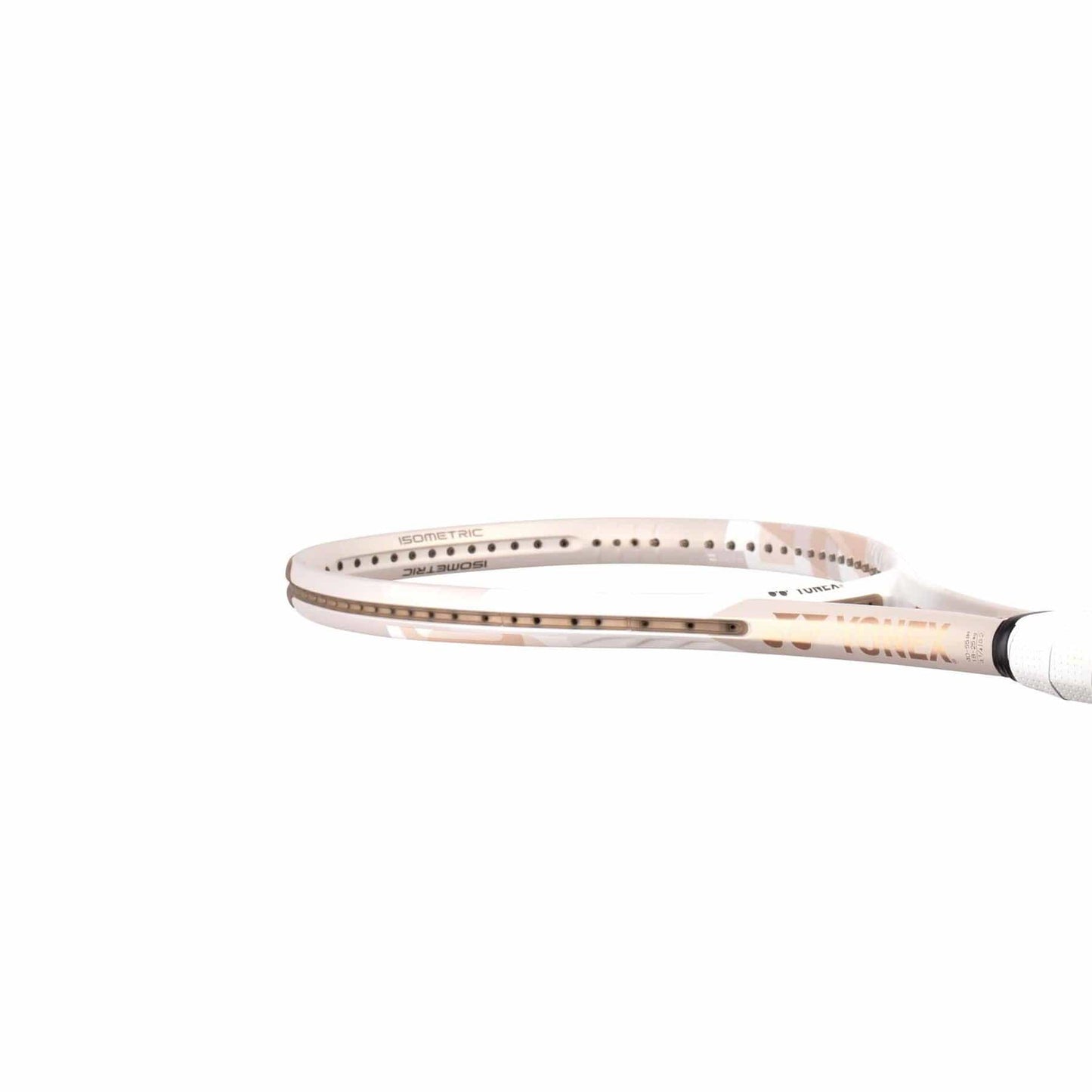 Close-up of the Yonex VCORE 100L Tennis Racket in Sand Beige, featuring a lightweight design and white handle. The slim frame is enhanced by ISOMETRIC technology for optimum performance, with strings set against a light color tone and no visible background details.