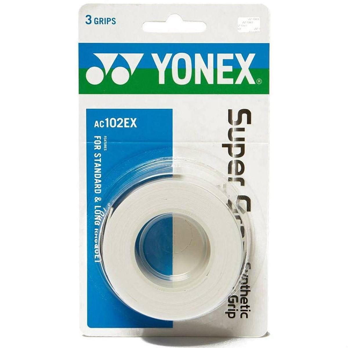 The Yonex AC102EX Super Grap Tennis Overgrip 3 Pack features three white grips in rolls, packaged in clear plastic with blue and green Yonex branding and product information.