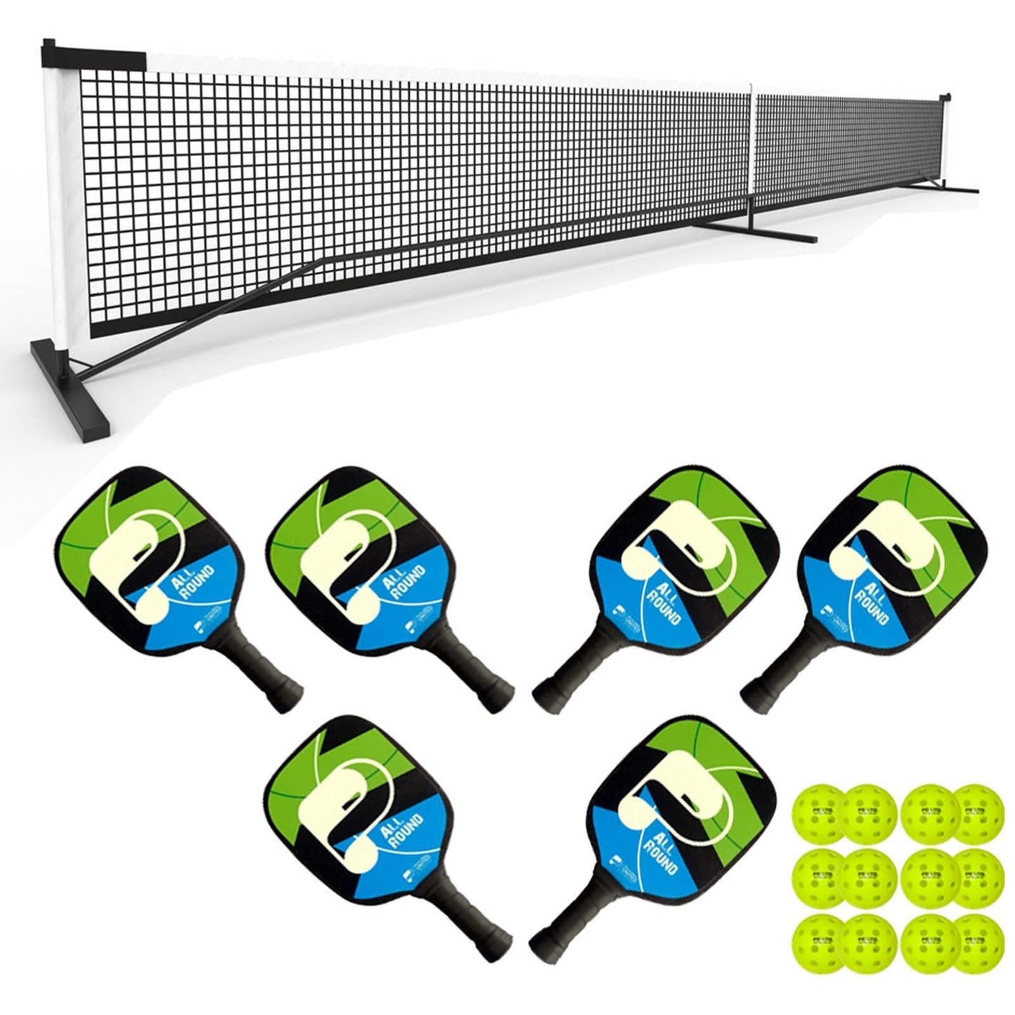 The Pickleball United Education 6 Player Outdoor Pickleball Set by Pickleball United includes a portable net, six paddles with blue and green designs, and outdoor balls—all displayed on a white background.