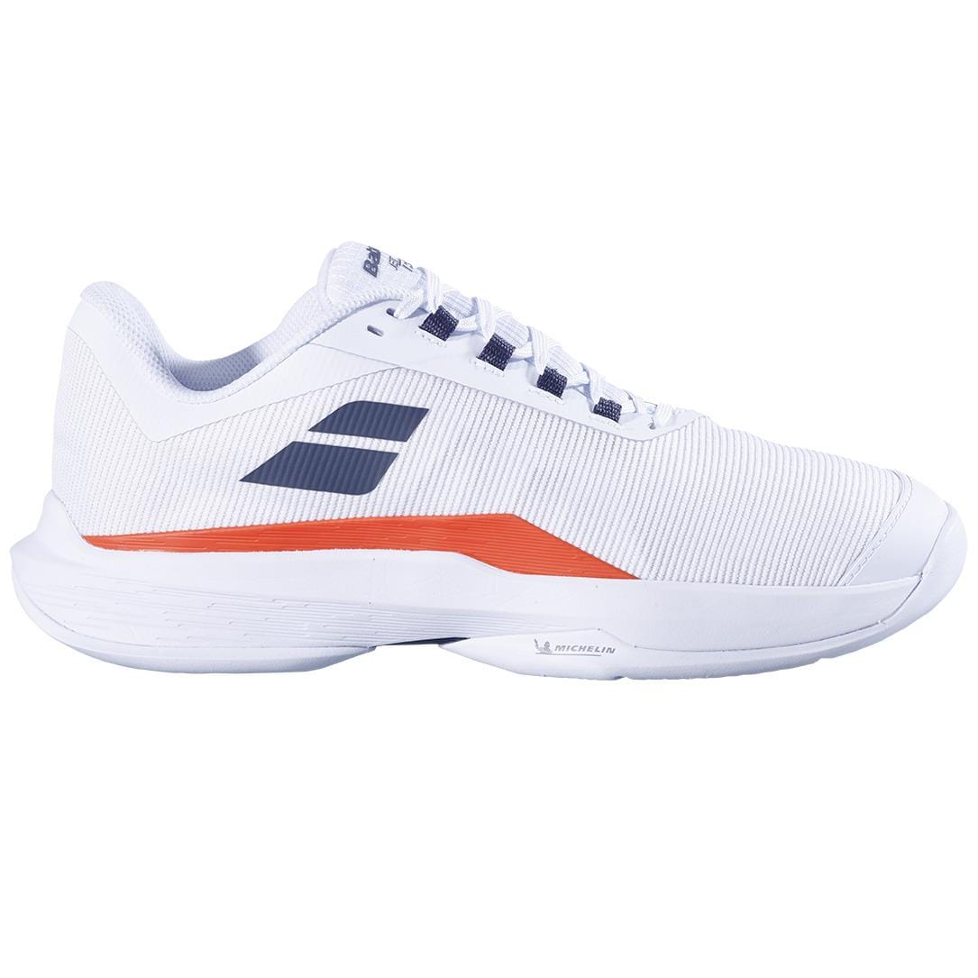The Babolat Jet Tere 2 2024 Men's Tennis Shoes in white and Strike Red provide ultra-lightweight comfort and stability with their ribbed texture and sturdy sole. The sneakers, displaying the Babolat logo near the heel, feature a sleek design on the side and are set against a plain white background, positioned facing left.