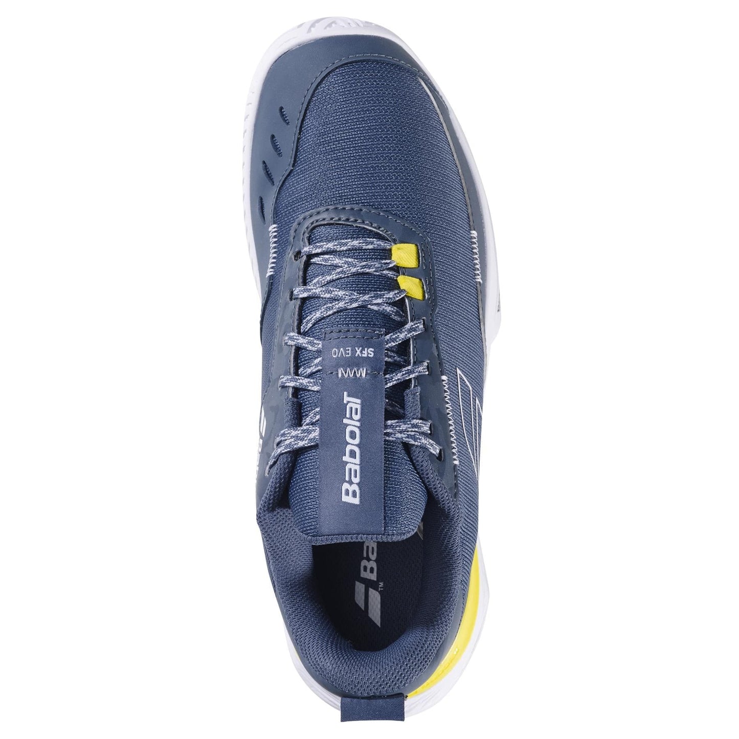 A top view of the Babolat SFX EVO All Court 2025 Men's Tennis Shoes in dark grey and white reveals gray laces, a "Babolat" logo on the tongue, and yellow accents near the heel. Featuring Michelin Original rubber on the textured sole, this shoe has a streamlined design.