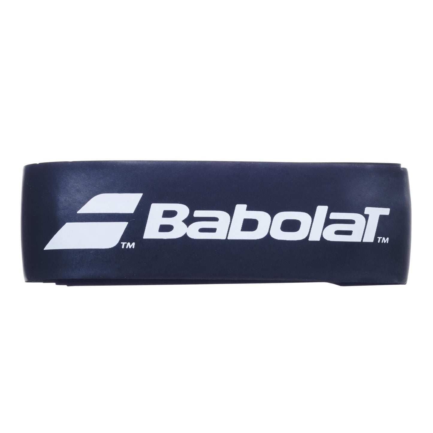 The Babolat Syntec Uptake Replacement Tennis Grip in black features the Babolat logo in white with two stylized white lines, offering enhanced comfort and control for tennis enthusiasts.