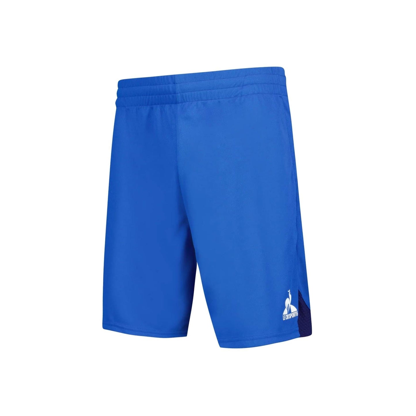 The Le Coq Sportif Pro Mens Tennis Shorts in Lapis Blue offer breathable comfort and feature an elastic waistband. These shorts showcase a simple design with a small brand logo on the lower left leg and are enhanced by subtle side panel details.