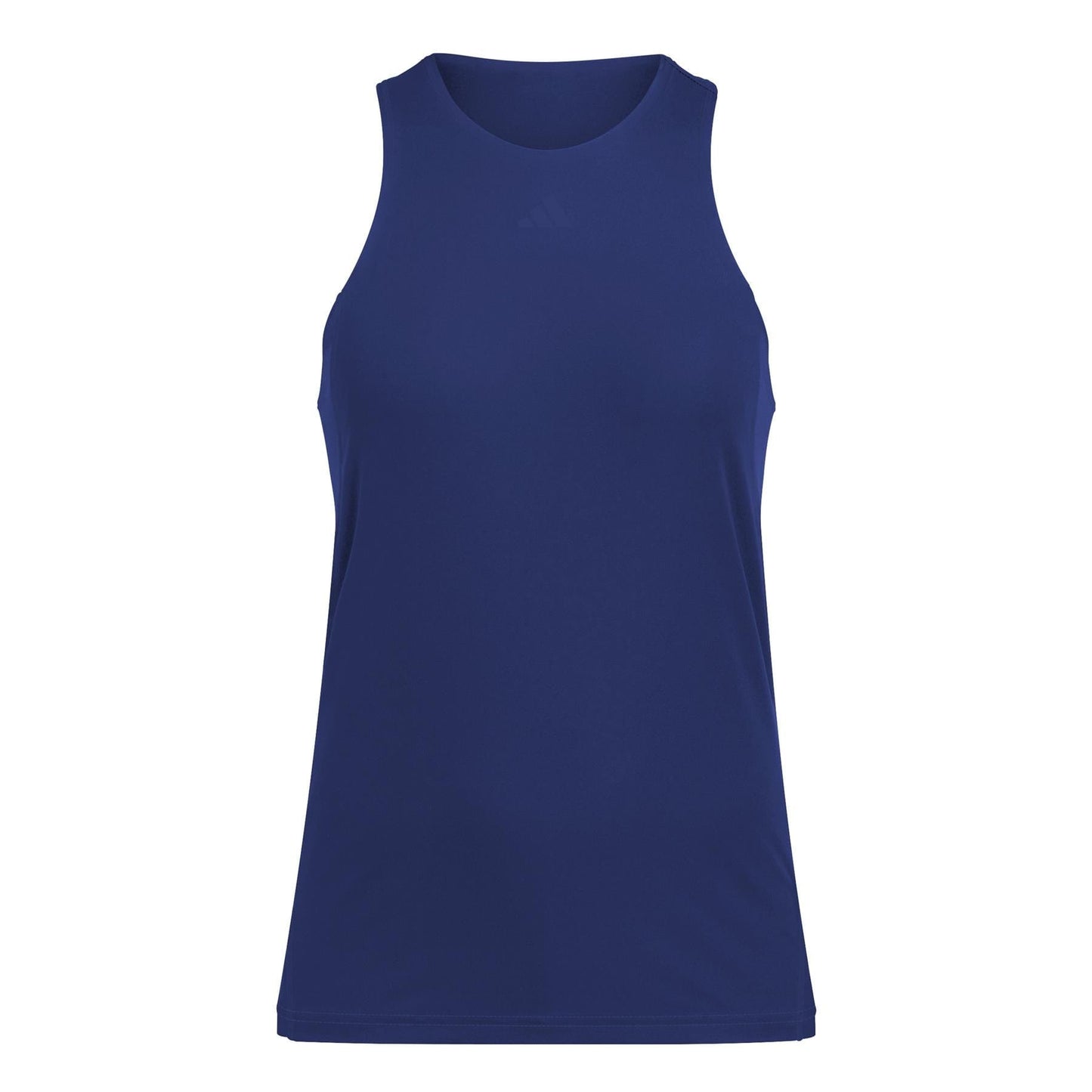The adidas Women's Club Tennis Tank Top - Navy boasts a sleeveless high-neck design in dark blue, made from recycled materials. Ideal for court play, its Climacool technology offers breathability and comfort. Presented against a white background.