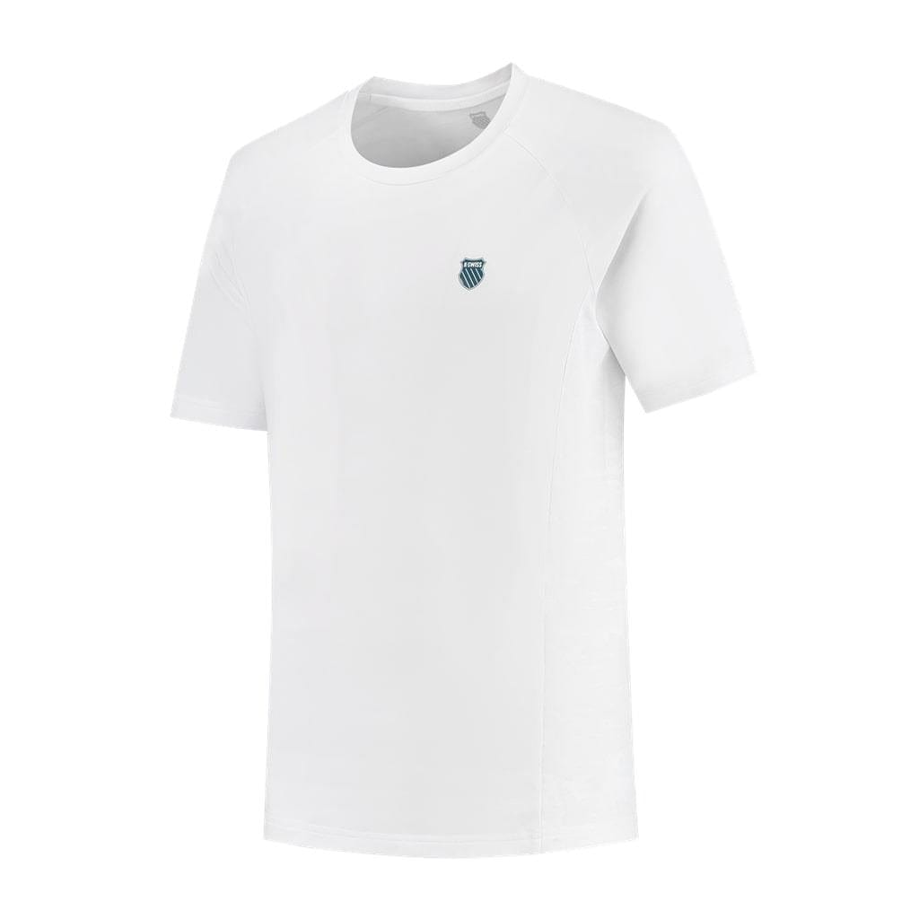 The K-Swiss Hypercourt Print Crew 4 Men's Tennis T-Shirt in white is crafted from breathable polyester and features short sleeves. It boasts a small, subtle shield-shaped logo with horizontal lines on the left chest, maintaining a minimalistic and clean design that offers both style and comfort.