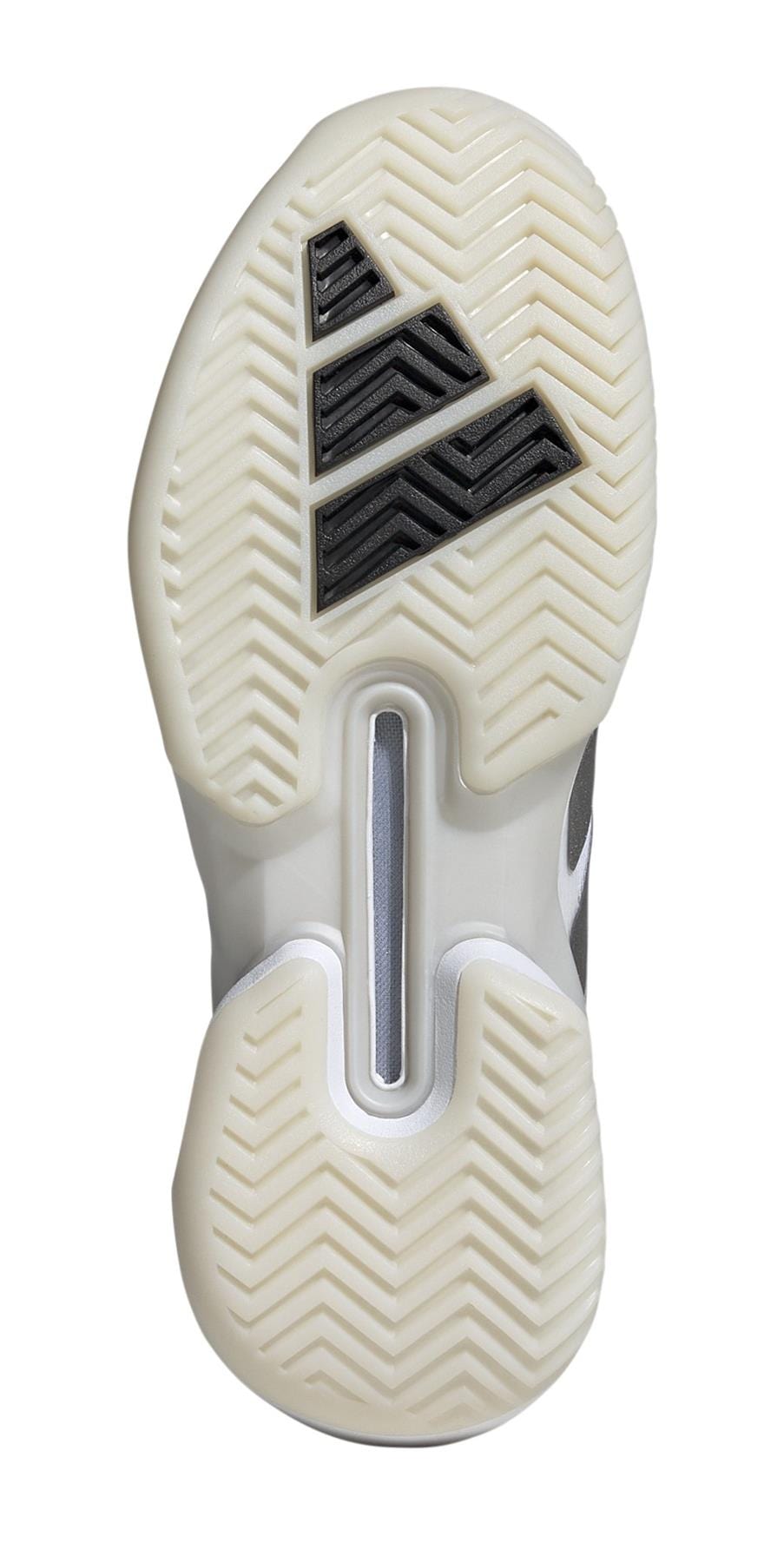 The image showcases the sole of the adidas Adizero Ubersonic 5 Women's Tennis Shoes in white, featuring a herringbone tread pattern. Black geometric inserts at the heel and ball improve grip, while a central groove adds flexibility. Perfect for performance seekers with a lightweight mesh upper.