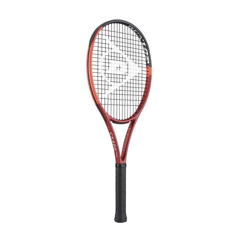 A Dunlop CX 400 Tour 2024 Tennis Racket in red, featuring a black grip and patterned string mesh. The racket includes the Dunlop logo in the center of the string bed, providing enhanced feel and spin potential for superior performance on the court.