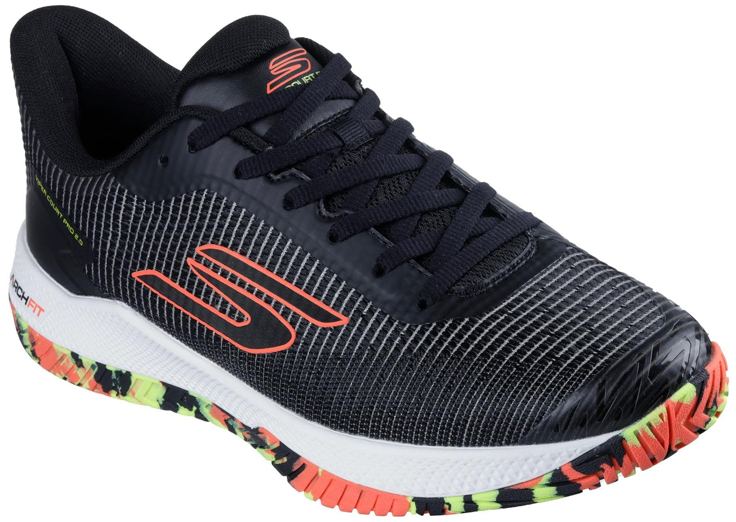 The Skechers Viper Court Pro 2.0 Tennis Shoes in Black/Multi feature orange and neon yellow accents, a patterned sole, mesh upper, ULTRA GO cushioning, and the Skechers logo on the side.