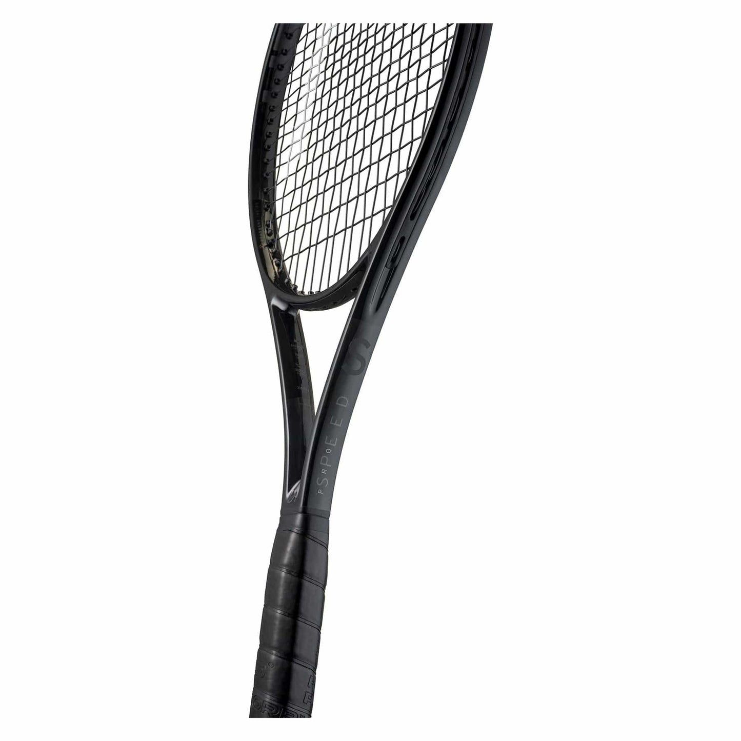 The image showcases a close-up of the HEAD Speed Pro Legend 2024 Tennis Racket - Black (Frame Only), emphasizing its neck and strings. The grip is encased in a textured black material, prominently displaying "SPEED" on the frame. Inspired by Novak Djokovic, this racket incorporates Auxetic 2.0 technology and stands out against the white background with its sleek design.