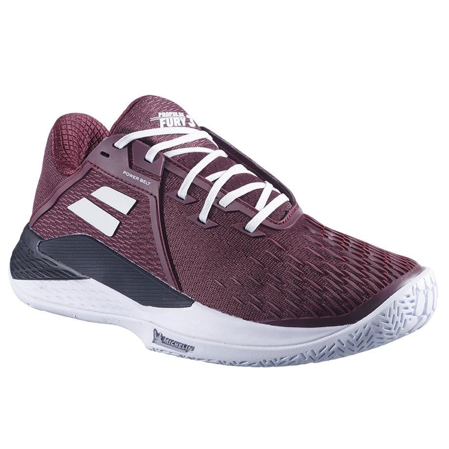 The Babolat Propulse Fury 3 Men’s Tennis Shoes in Port Royale feature a maroon mesh upper for breathability, white accents and laces, a textured white sole, strong lateral support, and the Babolat logo for style.