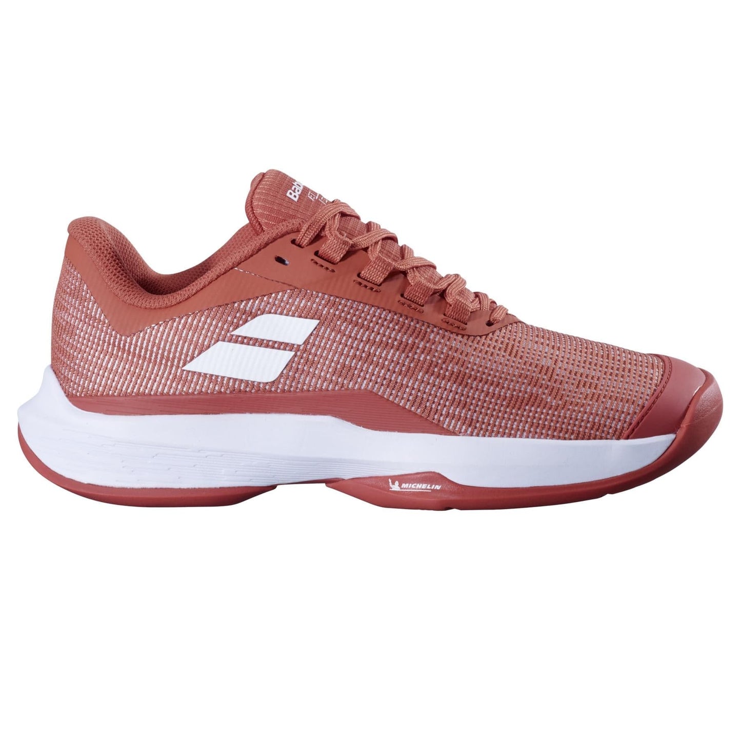 A single Babolat Jet Tere 2 Womens Tennis Shoe in terra cotta red with white accents, breathable mesh upper, white sole, and a side white logo is shown from the side on a plain white background.