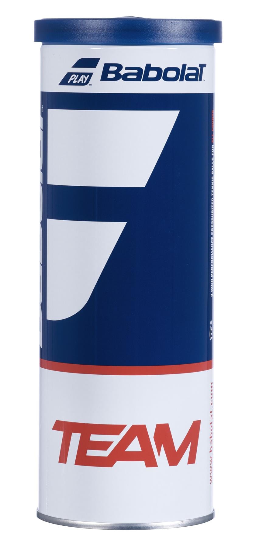 A cylinder-shaped container featuring blue and white design elements displays the Babolat logo and highlights the word "TEAM" in red, designed for competitive players. This Babolat Team X3 Tennis Balls - 3 Ball Tube is ITF approved, guaranteeing excellent performance on the court.