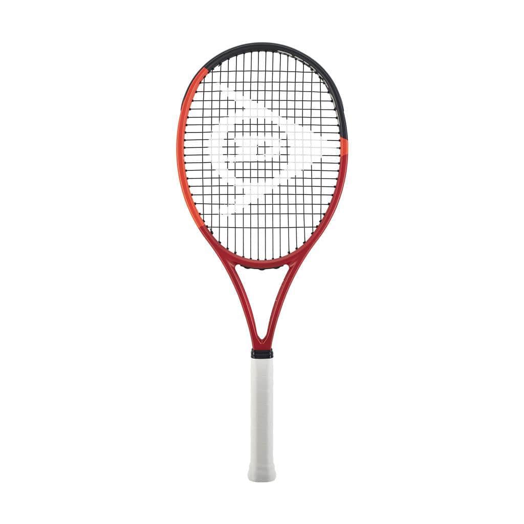 A Dunlop CX 400 2024 Tennis Racket - Red is displayed against a simple white background, featuring its red and black frame with a white grip. The Powergrid Stringtech creates an elegant grid pattern, with the Dunlop brand logo prominently featured in the center.