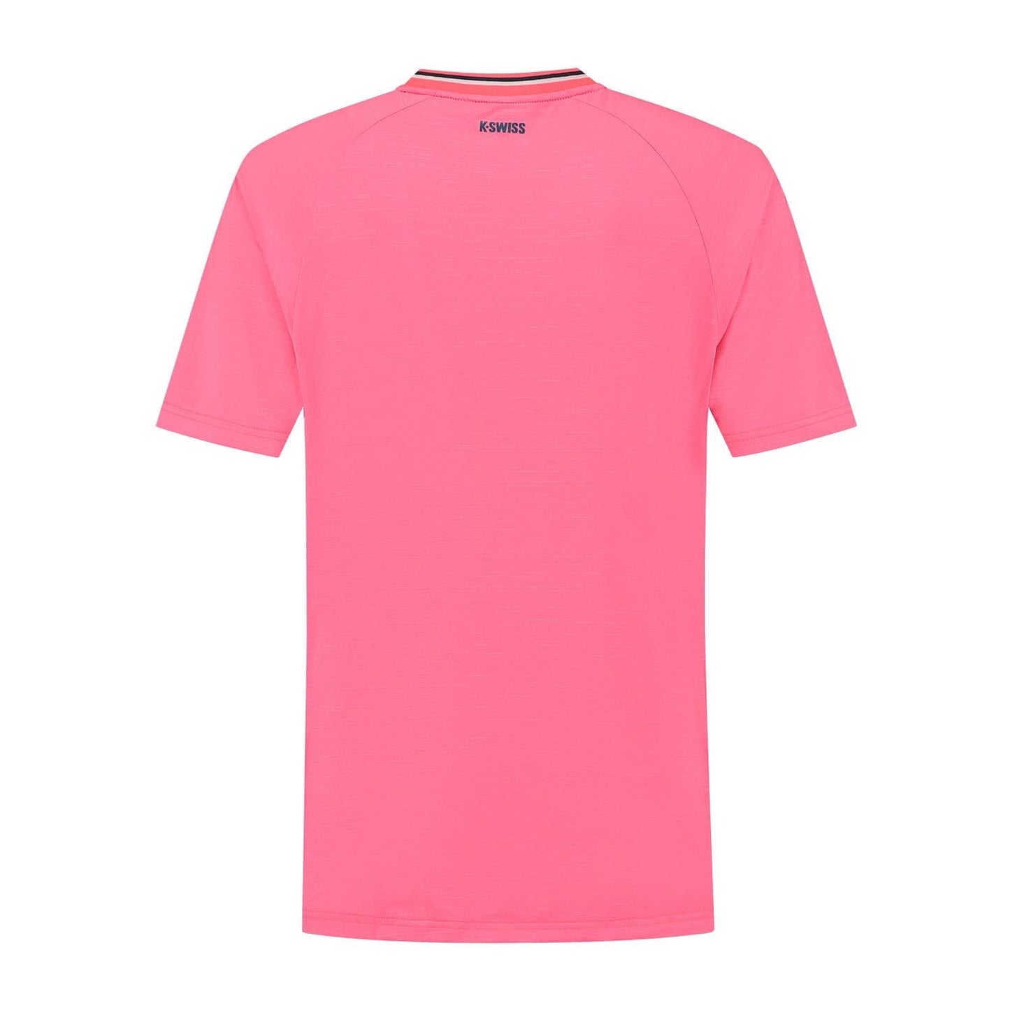 The back view of the K-Swiss Hypercourt Men's Melange 3 Tennis T-Shirt in pink features comfortable short sleeves and a small logo near the neck for added performance appeal.