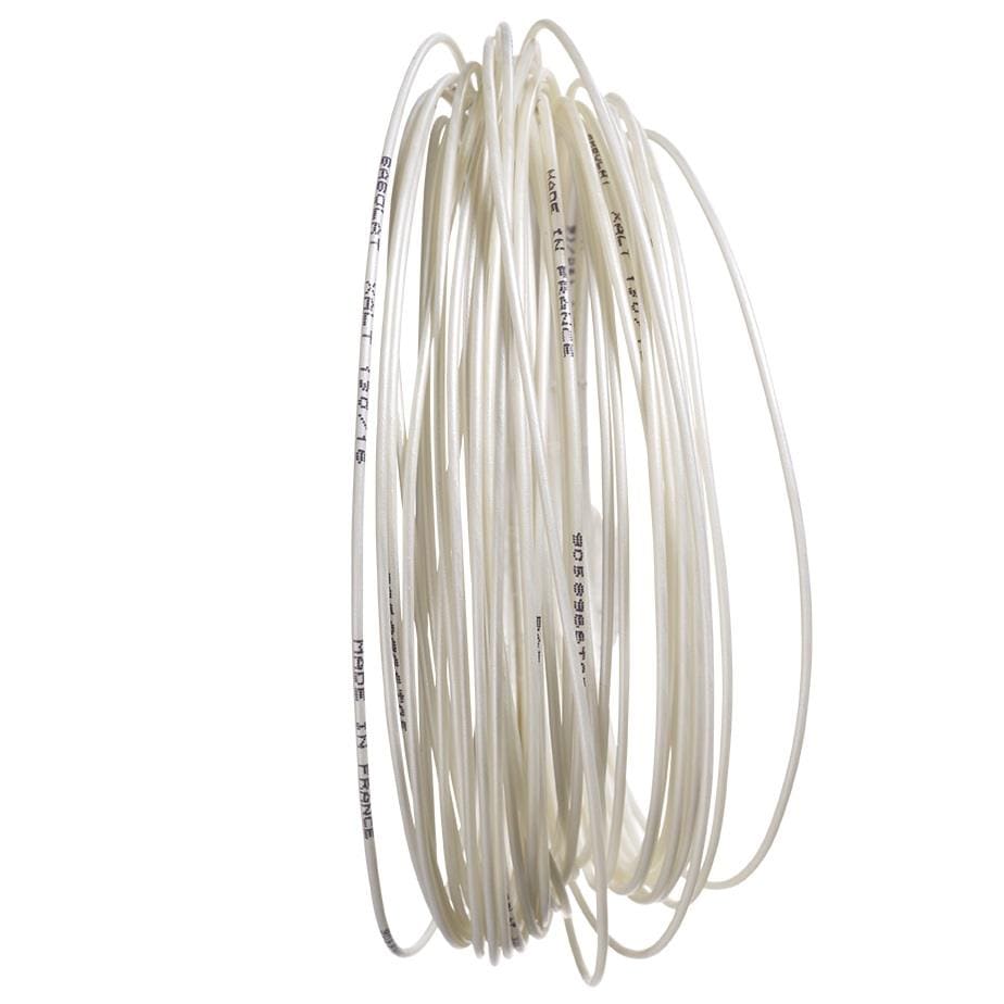 A coiled bundle of thin, light-colored transparent tubing with text printed along its length resembles the Babolat XALT Tennis String (12m) - White Spiral. The tubing is wound neatly and appears flexible, promising durable performance for various applications.