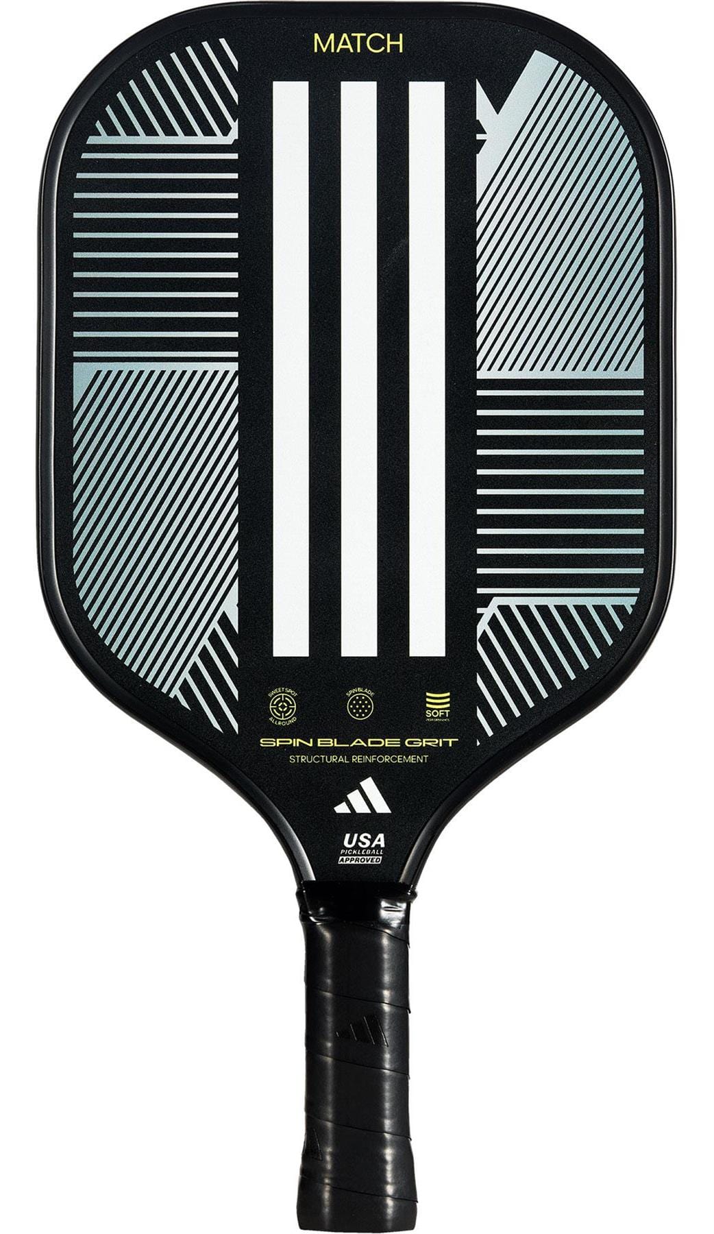 The adidas Match 3.3 Pickleball Paddle - Black features a black fiberglass face with three bold white stripes, geometric side patterns, a grip-taped handle, and "MATCH" at the top. Spin Blade Grit technology enhances control.