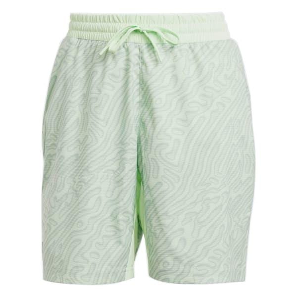 The ADIDAS Melbourne Mens Pro 7 Inch Tennis Shorts in green, by adidas, feature a subtle wavy pattern. Crafted from recycled polyester, these shorts have an adjustable elastic waistband with a drawstring. The fabric offers a slightly textured appearance and includes HEAT.RDY technology for optimal comfort.