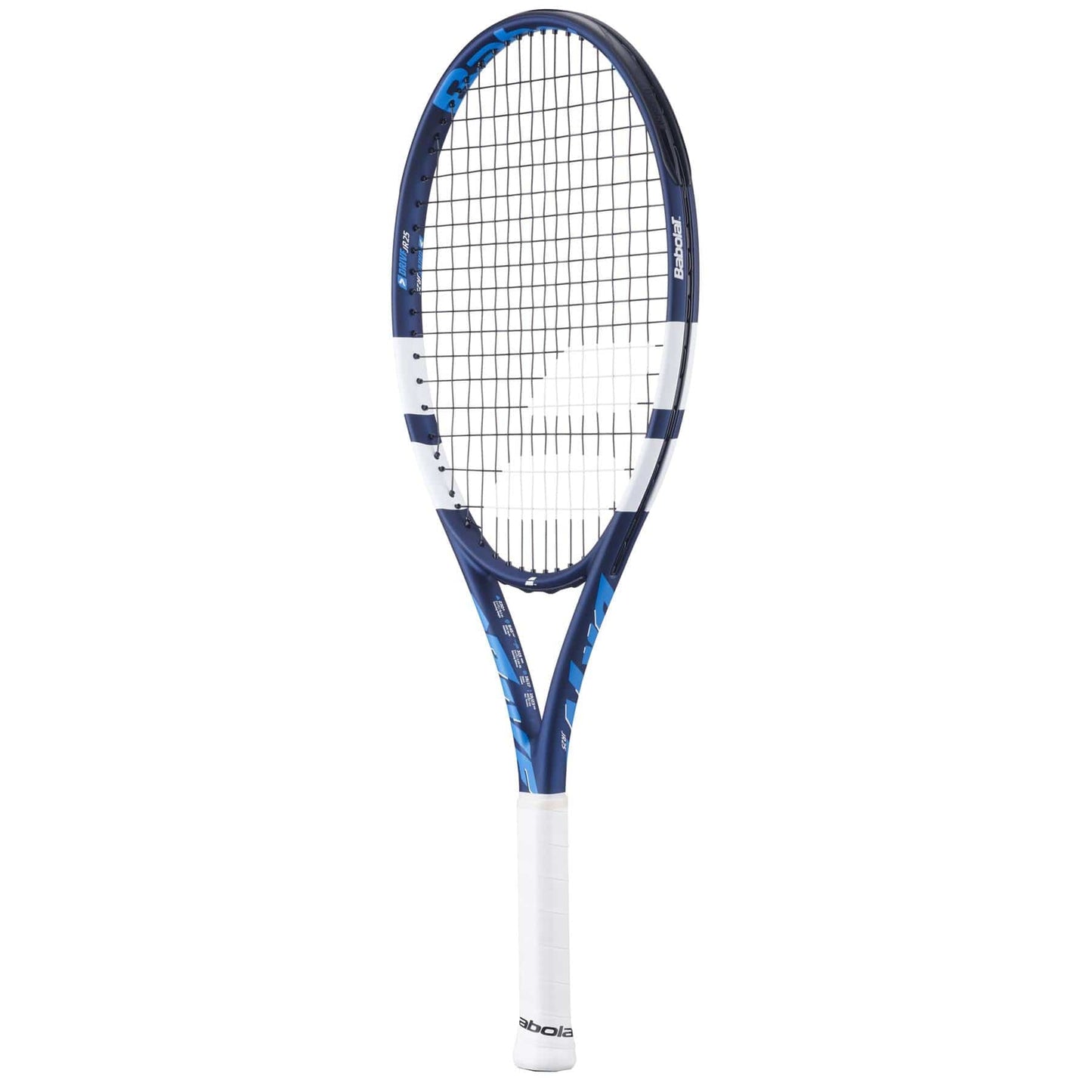 The Babolat Drive Junior 25 is a stylish blue and white tennis racket designed for intermediate players. It features a stringed head, a white grip, and displays the Babolat logo on the neck against a plain white background.