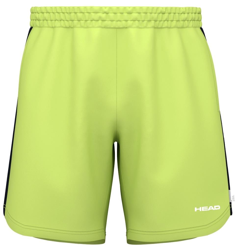 The HEAD Power Men's Tennis Shorts - LL are bright green with a visible elastic waistband, featuring black side accents. Made from moisture-wicking microfiber for comfort and performance, they have the "HEAD" logo printed in white at the bottom of the left leg for a sporty look.
