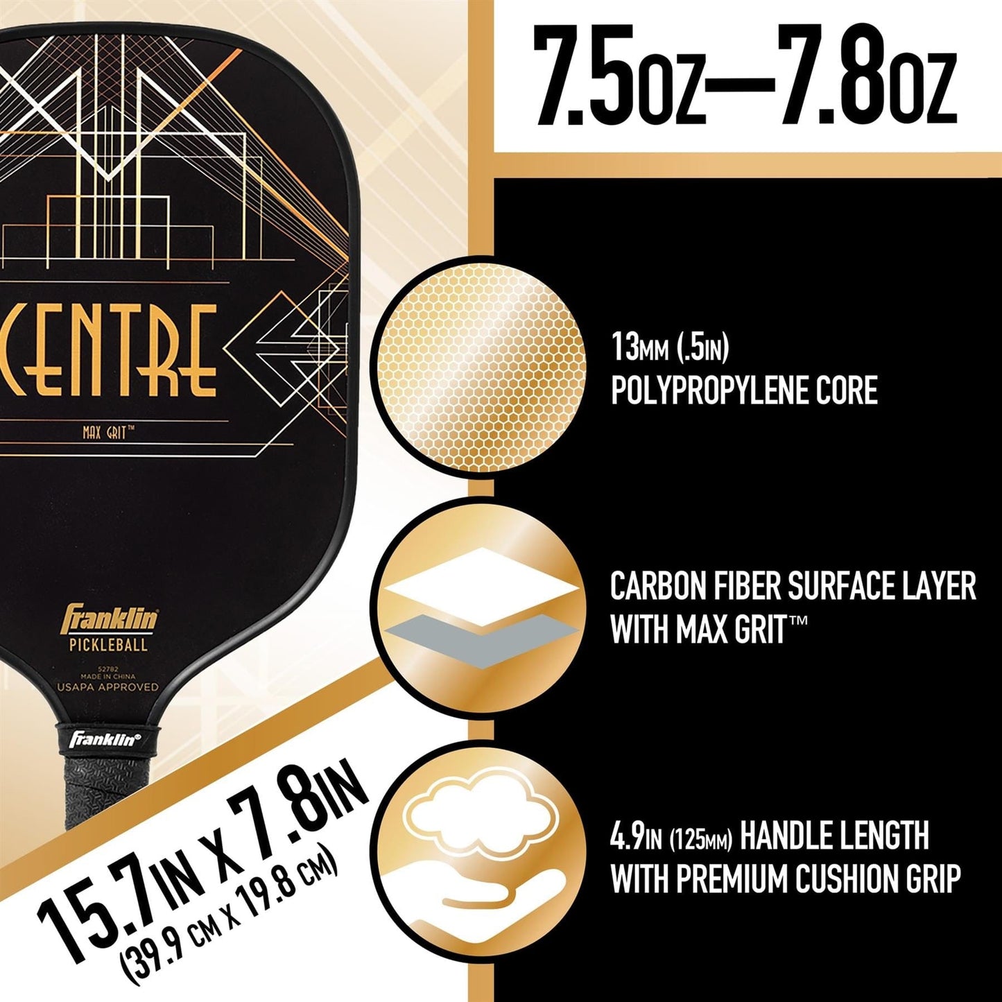The Franklin Center Signature Pickleball Paddle - Black by Franklin features MaxGrit tech, 7.5-7.8oz weight, 13mm polypropylene core, carbon fiber surface, 15.7x7.8in size, and a 4.9in cushioned handle for top control.