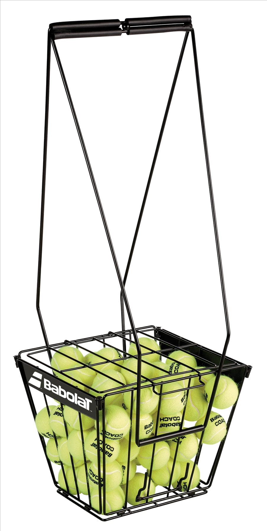A black metal Babolat Tennis Ball Cart, ideal for training sessions, is filled with vibrant yellow tennis balls. It boasts a sturdy design with a convenient handle for easy carrying and prominently showcases the "Babolat" logo on the side. Perfect for both practice and play, this cart ensures you're always ready on the court.