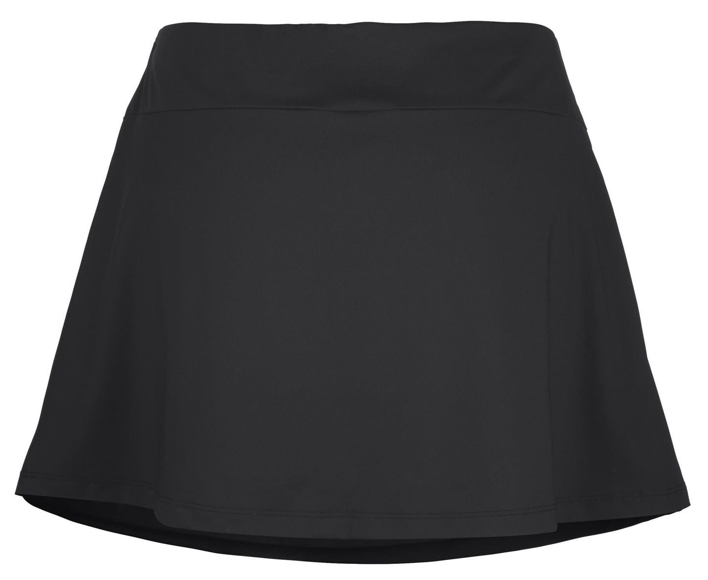 The Babolat Play Women's Tennis Skirt in black, made from recycled polyester, features a wide waistband and is displayed against a white background. This skirt by Babolat offers a smooth texture and a simple, elegant design, providing 360-degree motion for effortless style and comfort.