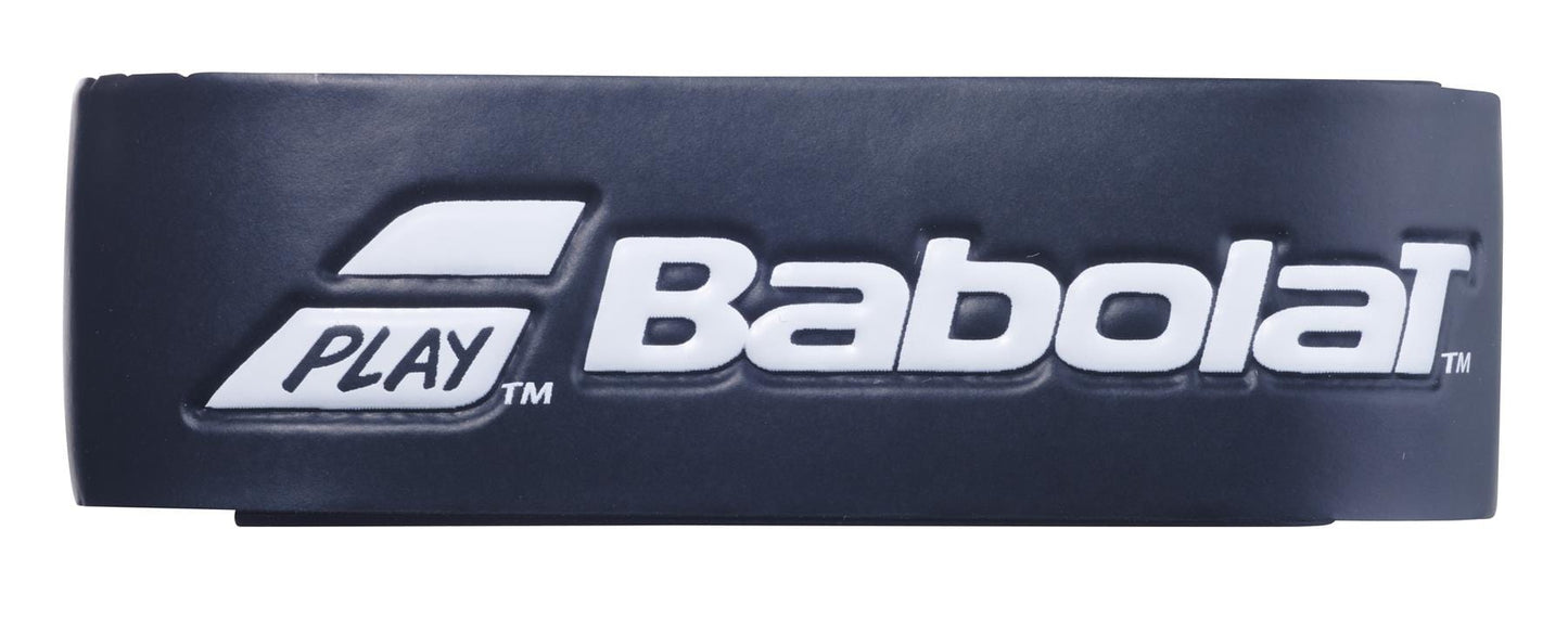 A Babolat wristband in black, featuring the iconic white Babolat logo alongside the word "PLAY," inspired by the professional circuit and crafted for athletes who favor the dependable grip of the Babolat Syntec Pro X1 Replacement Tennis Grip.