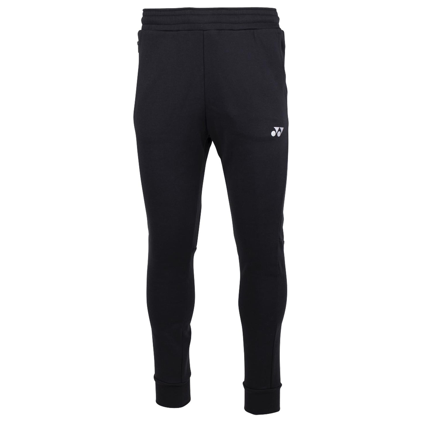 Introducing the Yonex YTP1000 Unisex Tennis Tracksuit Pants in black, featuring quick-drying fabric and an elastic waistband. These pants come with tapered legs, ribbed cuffs, and a discreet white logo on the upper left thigh. Experience ultimate comfort with advanced antistatic technology.