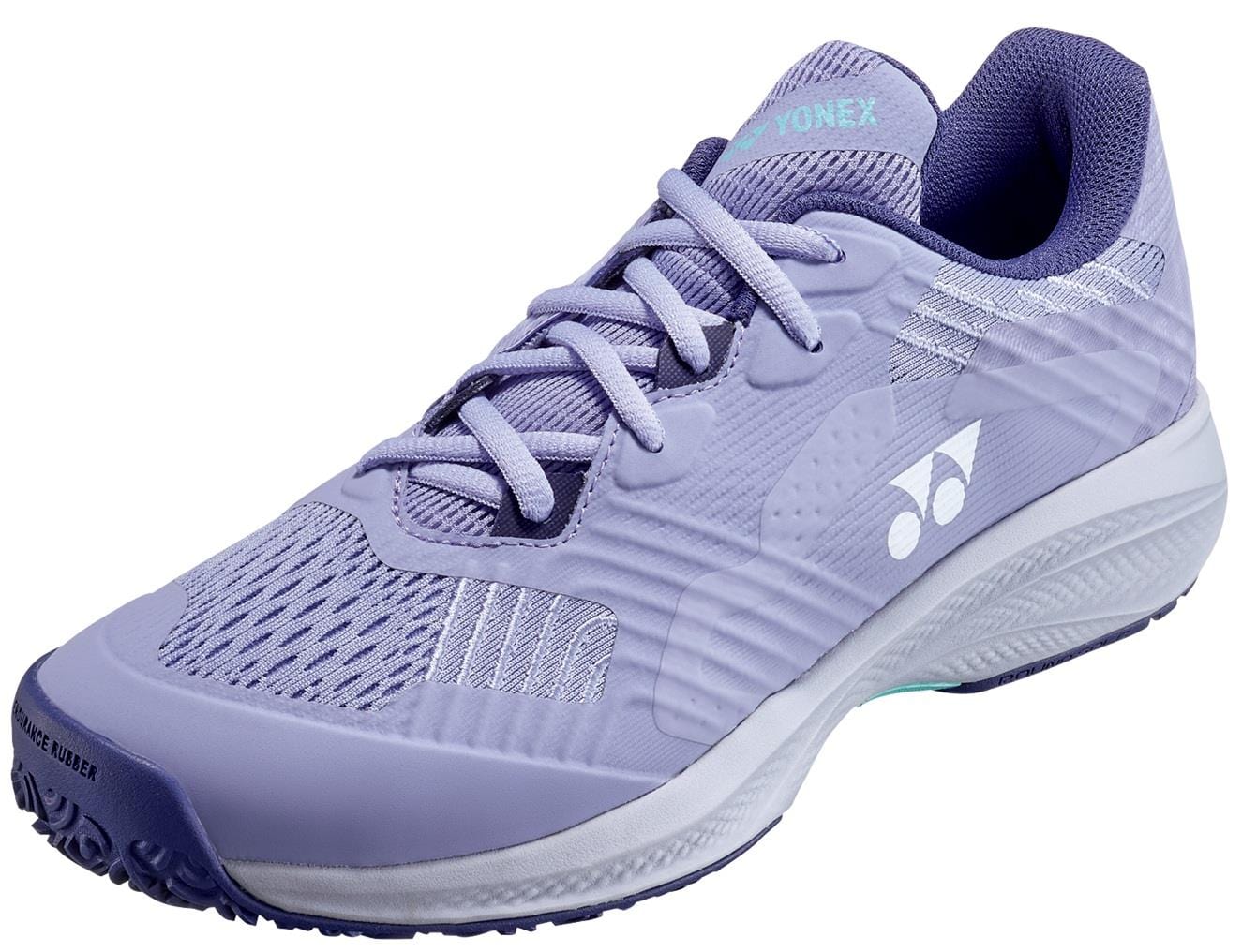 The Yonex Power Cushion Sonicage 2025 Clay Women's Tennis Shoes in Mist Purple feature a lightweight design, white accents, mesh panels, textured shock-absorbing sole, Yonex side logo, laces, and a cushioned collar for support.
