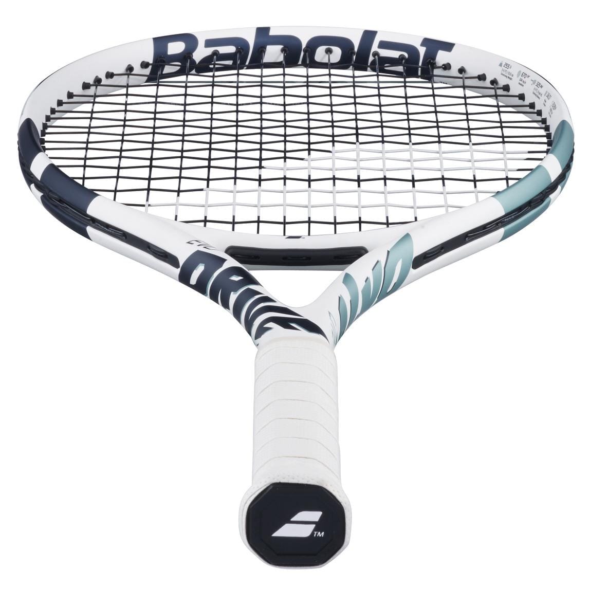Close-up of a Babolat EVO Drive Lite Gen 2 Tennis Racket in black and white. It features a white Air Handle Touch grip for comfort, tightly strung strings, and the "Babolat" brand name prominently displayed on the frame.