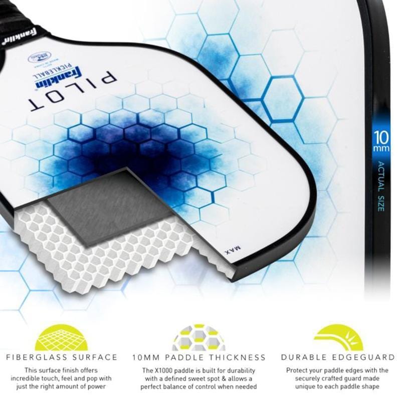 A close-up of the Franklin Pilot Pickleball Paddle in white and blue shows its USA Pickleball approval, hexagonal fiberglass surface, 10mm thickness, lightweight core, edgeguard, and durable construction.